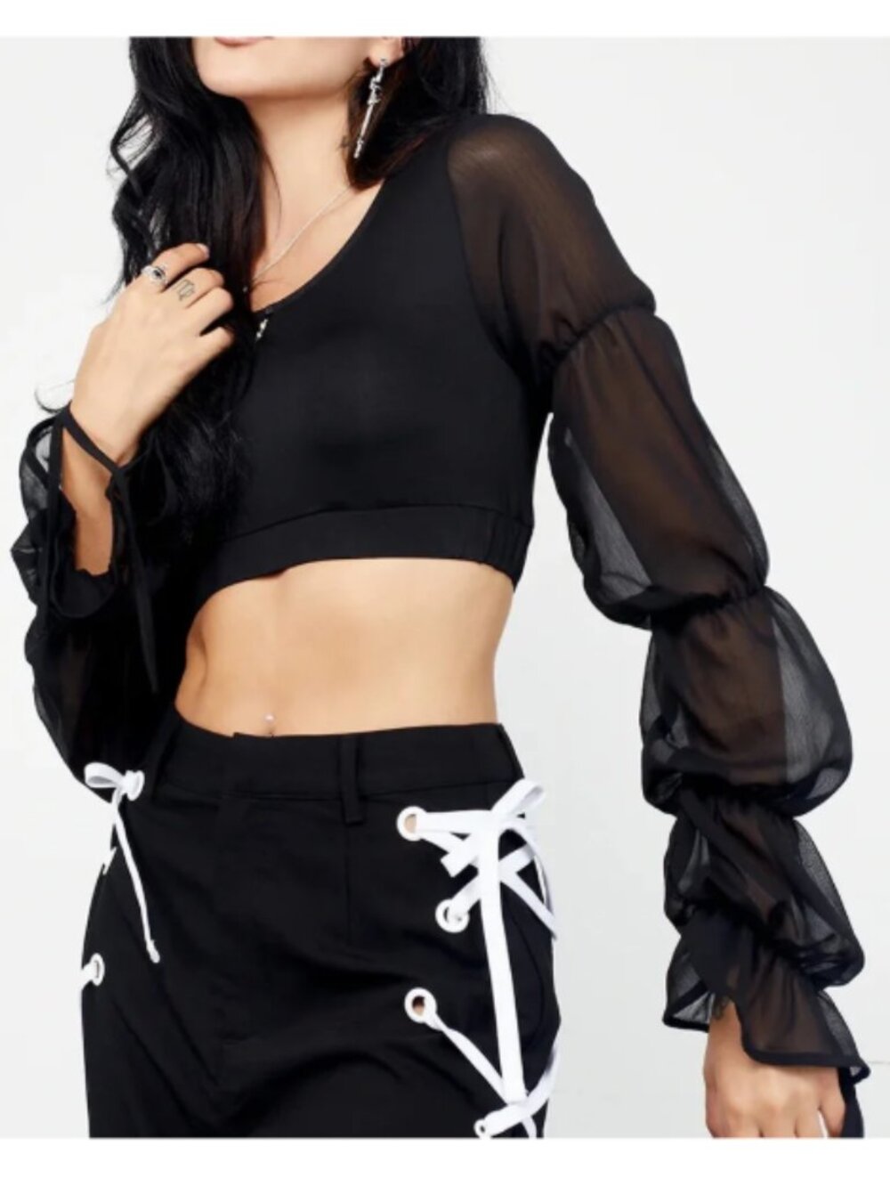 Disturbia Crop Top Sheer Mesh Sleeves Ruched Gathered Black Tooth Charm Size 6